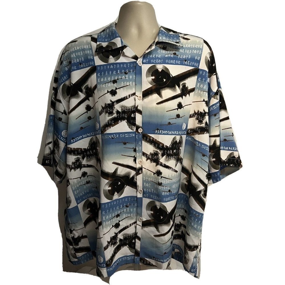 Vintage Shaolin Mens Military War Airplanes Blue Button Front Shirt 2XL Asian